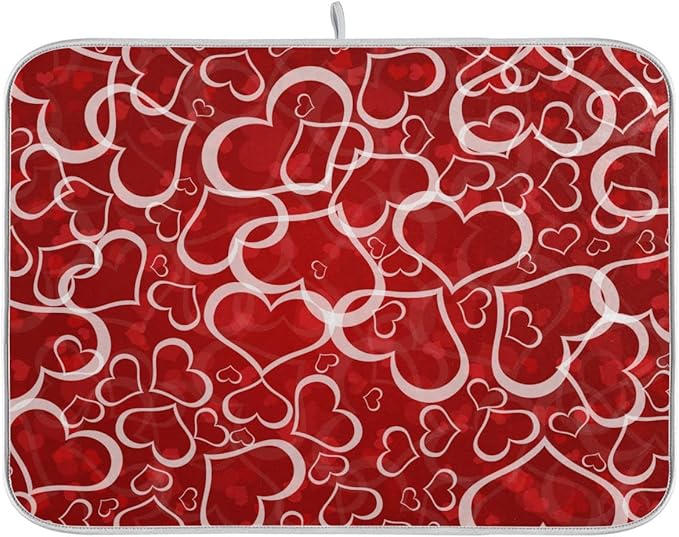 Red Pink Love Heart Dish Drying Mat for Kitchen Happy Valentine's Day Microfiber Drying Mats Absorbent Reversible Dish Pad Large Dish Draining Mat 18x24 inch
