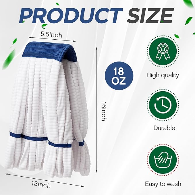 Hushee 6 Pack Large Microfiber Tube Mop Heads 18 oz Heavy Duty Commercial Industrial Wet Mop Head Refill Reusable Machine Washable Looped End Mopheads for Hardwood, Tile, Laminate Floors (White)