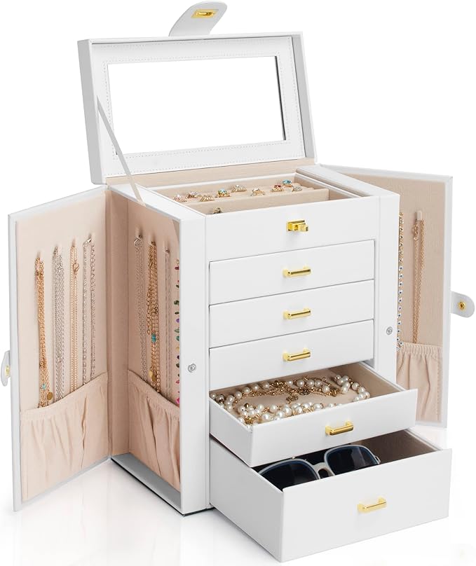 AKOZLIN Functional 6-Tier Jewelry Box Organizer with 5 Drawers Leather Jewelry Storage Case for Women Girls Ring Necklace Earring Bracelet Holder Organizer with Mirror White