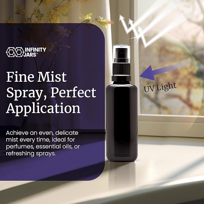 Infinity Jars 50 Ml (1.7 fl oz) Black Ultraviolet Glass Fine Mist Spray Bottle Cleaning Products Refillable Containers Homemade Perfume Blends Room, Sprays Bath Beauty Hair, Screw Top Bottles 10-Pack