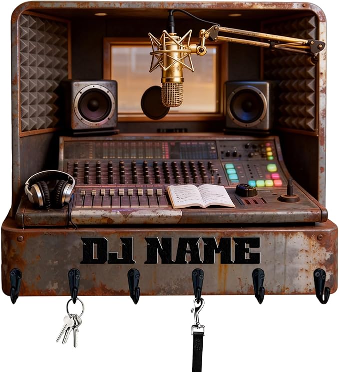 Personalized 2D Flat Print Music Producer Themed Wall Hooks for Women Men Family Friends Custom Music Recording Studio Key Storage Holder Radio Station Coat Rack Home Decor Gift for Culb Living Room