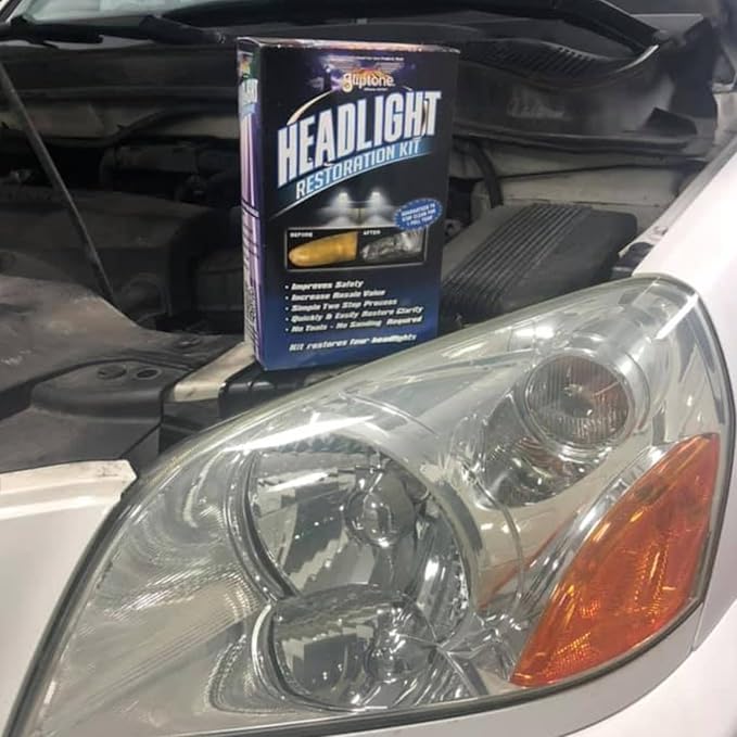 Gliptone Headlight Restoration Kit, No Sanding or Tools Required, Restores Yellowed and Cloudy Headlights, Improves Night Visibility, UV Protective Clear Coat, Easy 2 Step Process, 7 Piece Kit