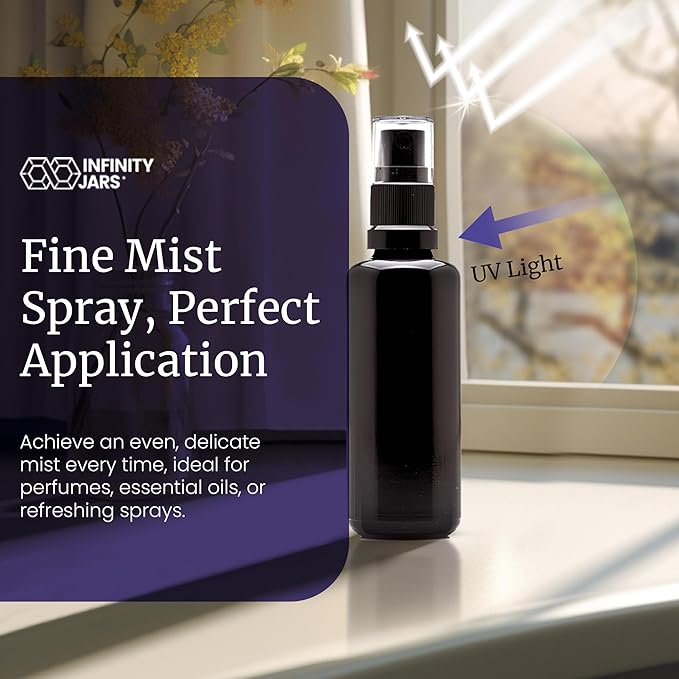 Infinity Jars 100 Ml (3.4 fl oz)Black Ultraviolet Glass Fine Mist Spray Bottle Cleaning Products Refillable Containers Homemade Perfume Blends Room, Sprays Bath Beauty Hair, Screw Top Bottles 10-Pack