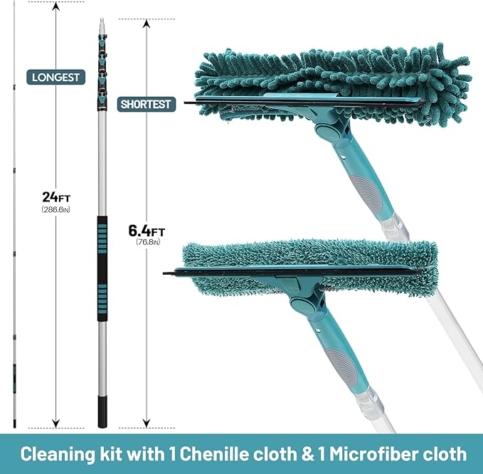 TelesPro 36 Feet High Reach Window Squeegee with 7-30 Ft Extension Pole, Window Cleaner Tool with 5-Stage Telescoping Pole, Window Cleaning Kit with Rotatable Head (2 Squeegee & 2 Microfibre Cloths)