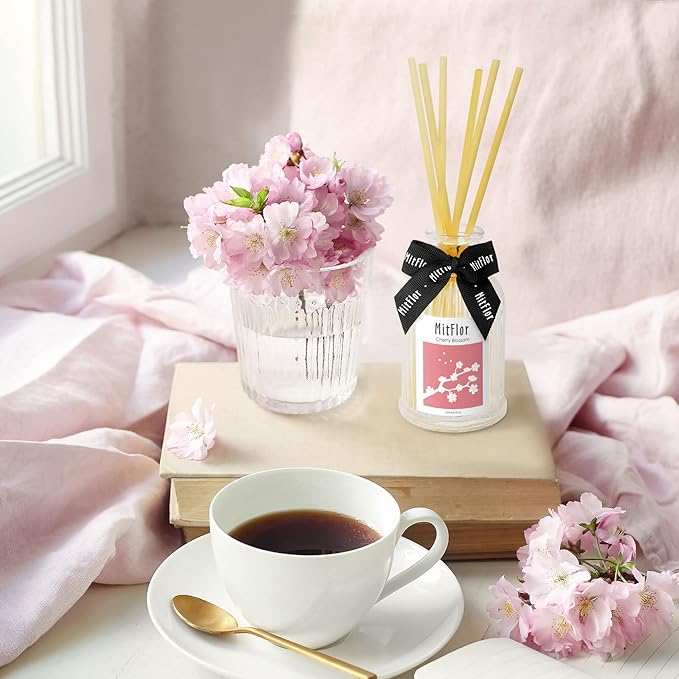 Cherry Blossom Reed Diffuser Set, MitFlor Premium Home Fragrance Diffuser with 6 Natural Rattan Sticks, Romantic Floral Scents for Office & Home Décor, Essential Oil Reed Diffuser Gift Set, 3.4 fl oz