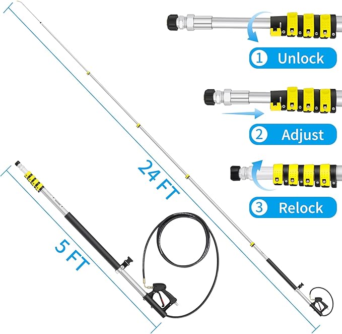 ExtraFein 24 FT Telescoping Pressure Washer Wand Extension, Hot Water Supported Power Washer Extension Wand with Brush Head, 5 Nozzle Tips, 2 Adapters, Harness, Gutter Cleaning Tools from The Ground