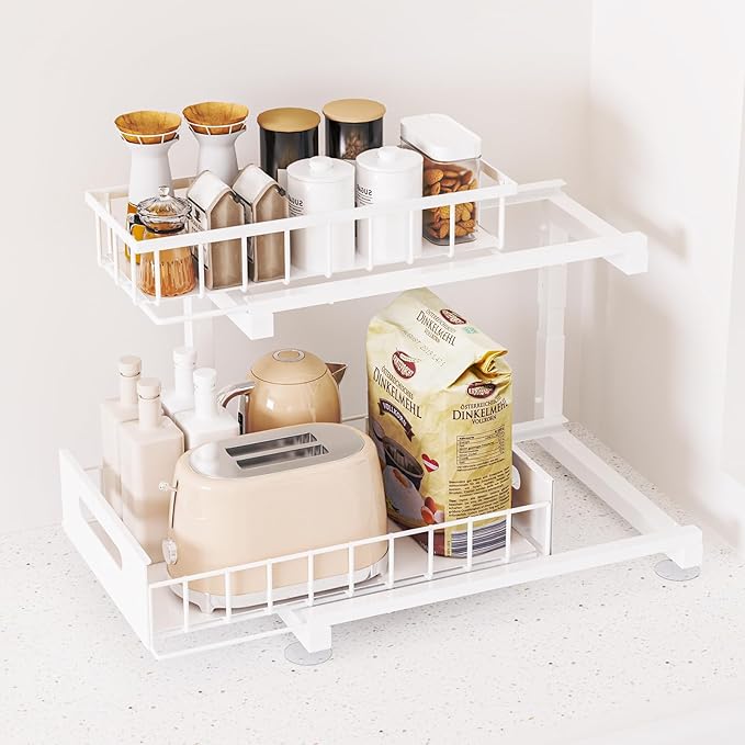 Toyear Under Sink Organizer, Heavy Duty Metal Pull Out Cabinet Organizer Slide Out Sink Shelf Organizer Height Adjustable, Multi-Purpose Storage Shelf for Kitchen Bathroom(White,1Pack)