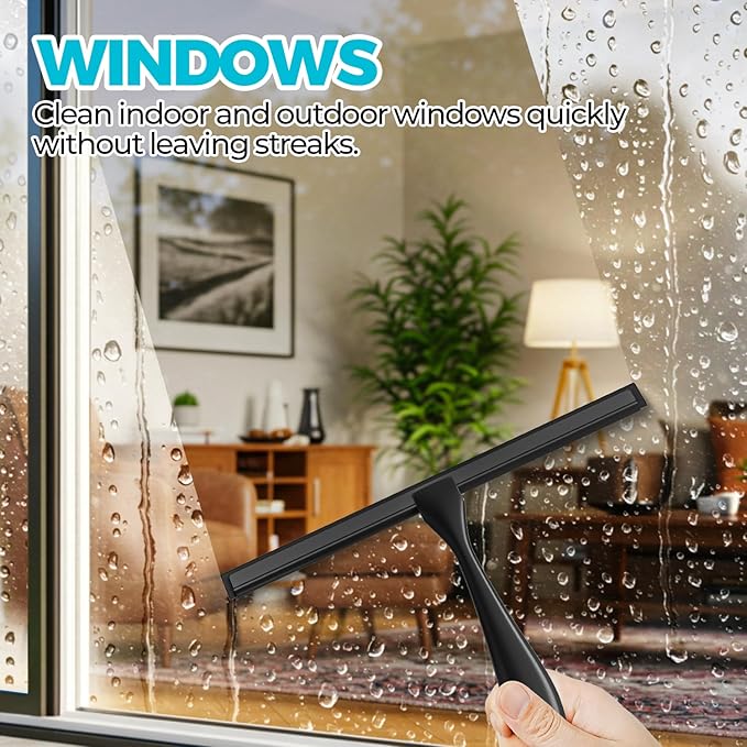 ALFLOD 2PACK All-Purpose Shower Squeegee for Shower Doors, Tile Shower Walls, Bathroom, Window, Glass and Car Windshield, Mirrors and Kitchen-Stainless Steel, 10 Inches, Black