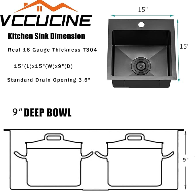 VCCUCINE Gunmetal Black Bar Sink Drop in, 15x15 Inch Topmount RV Small Kitchen Sink, 16 Gauge Overmount Stainless Steel Wet Bar Sink, Top Mount Outdoor Single Bowl Prep Sink with Dish Grid & Drain