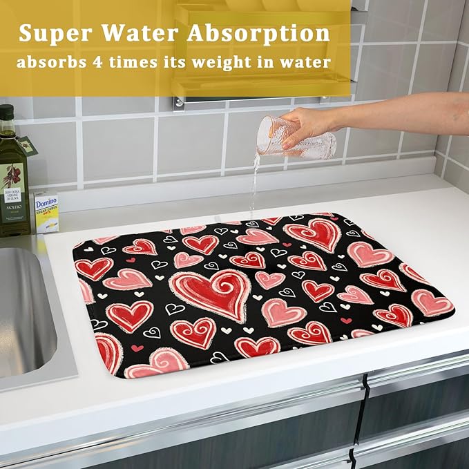 Valentines Day Dish Drying Mat for Kitchen Counter 24x18 Inch Black Red Heart Drying Mat with Absorbent Reversible Microfiber Love Dish Drainer Mats Rack Pad for Coffee Countertop Protector