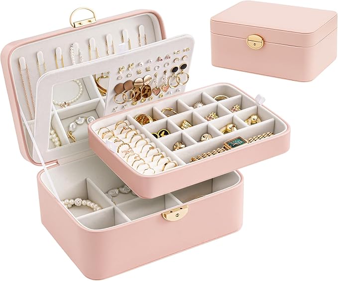 Lolalet 2 Layer Jewelry Box with Lock and Key for Teen Girls & Young Women, Jewelry Organizer Case with Round Clasp and Mirror for Earrings Rings Necklaces Storage, Gift Idea -Lightpink