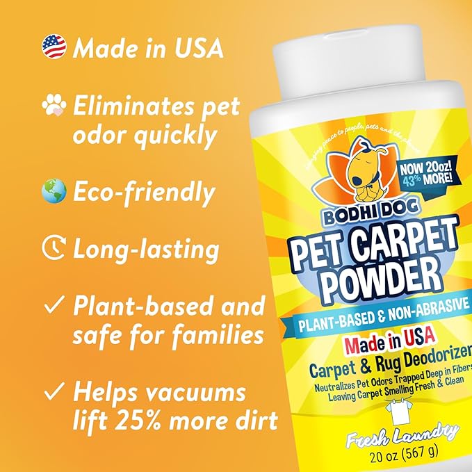 Bodhi Dog Natural Carpet Deodorizer Powder - Dry Pet Smell Eliminator & Urine Odor Remover - Loosens Fur & Dirt - Plant-Based Room Freshener for Vacuuming Home with Pets -Fresh Laundry (Pack of 2)