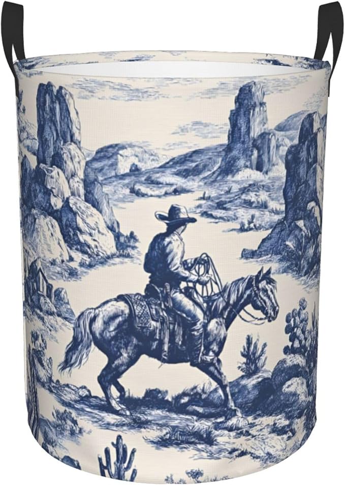 Laundry Hamper with Handles, Horse Riding Pattern, Collapsible Oxford cloth Storage Basket, Beige, 15.7x19.6 Inches, Cylindrical (Horses and Floral Pattern)