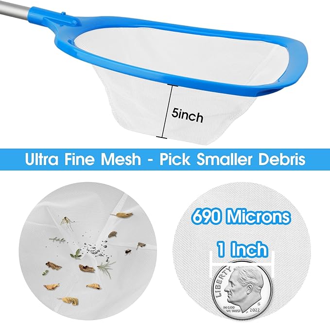 Hot Tub Skimmer Spa Net with 12'' Aluminum Pole Ultra Fine Mesh Net Handy Leaf Skimmer for Small Above Ground Pools Pick Up Fine Debris Lightweight Net