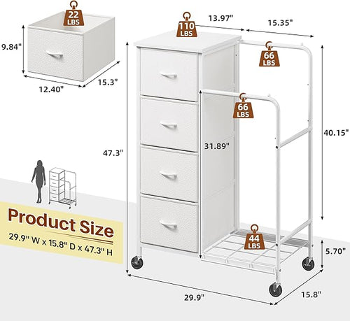 47.3" H Dresser with Hanging Rack, 4 Fabric Drawers with Double Clothes Rack & Wheels, Tall Closet Organizer Dresser for Bedroom, Entryway, White, 15.8" D x 29.9" W x 47.3" H