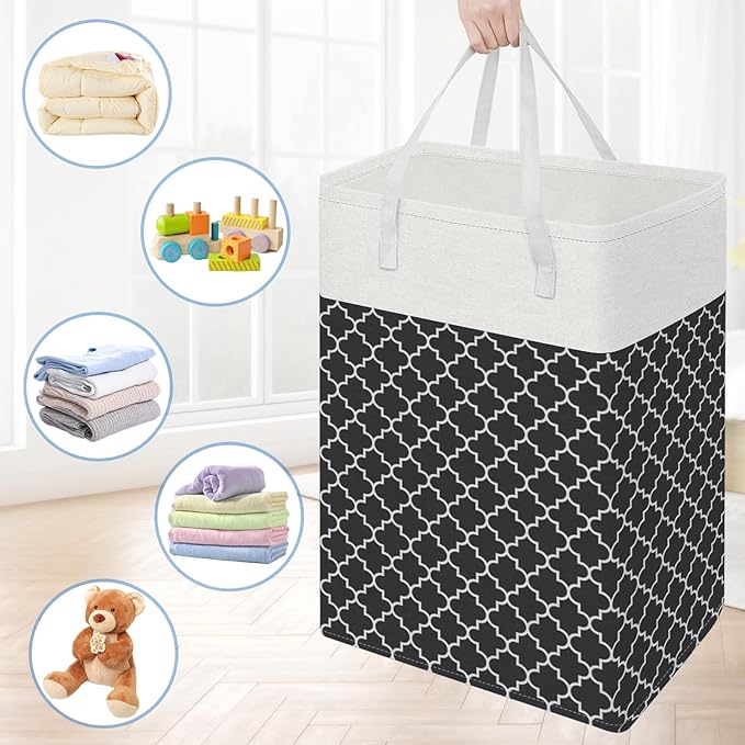 BlissTotes 3-Pack Laundry Basket, Freestanding＆Waterproof Laundry Hamper, Collapsible Tall Clothes Hamper with Easy Carry Handles for Clothes, Towels in the Family and Dorm,Clover Black,88L