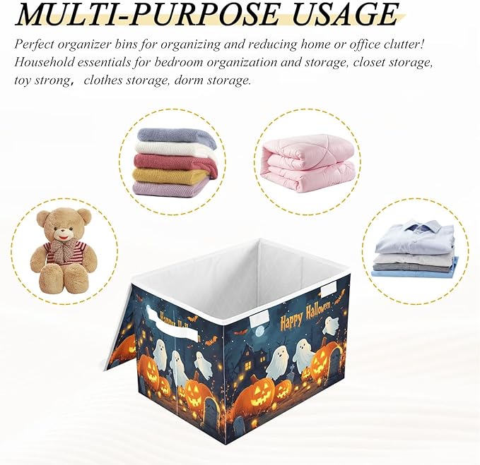 Bolaz Storage Bins with Lids and Handles,Halloween Background with Pumpkins Ghosts and Cemetary Storage Box Storage Basket with Cover Collapsible Organizer Containers for Home Closet, Shelves