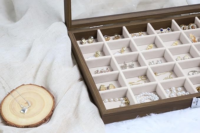 Wudygirl Jewelry Organizer Vintage Jewelry Tray Wooden Earring Holder Organizer with Clear Lid 30 Grid Jewelry Box Drawer Insert Jewelry Display Case for Women（30 Grid）
