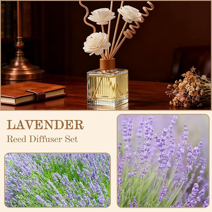 Lavender Reed Diffuser Set - 6.7 oz Glass Bottle with 4 Rattan Sticks, 3 Dried Flowers | Adjustable, Long-Lasting Scent for Home, Bedroom, Living Room, Office, Bathroom | Aromatherapy Gift Set