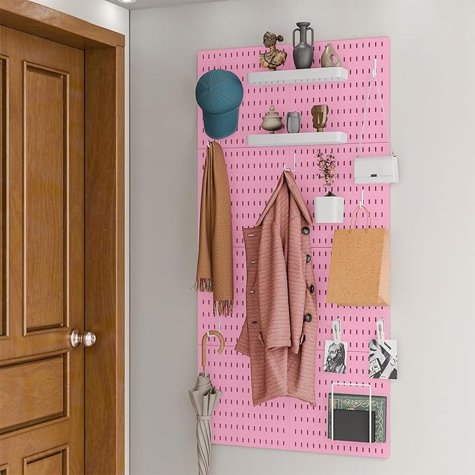 RIVTUN Wall-Mounted Pegboard Kit, 25.2" x 25.2" Organizer Panel – Large, Cost-Effective & Nail-Free Installation Pink