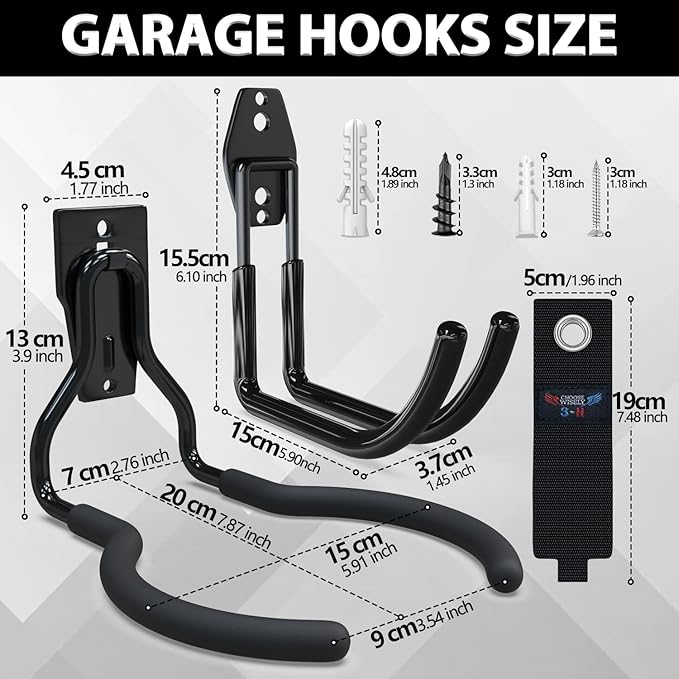 3-H Weed Eater Hanger 1 Pack,1 Large Garage Wall Hooks,1 Extension Strap,Utility Weedeater Rack,Tool Hangers for Organizing and Hanging Weed Wacker,Leaf Blower,String Trimmer,Power Tool in Garden