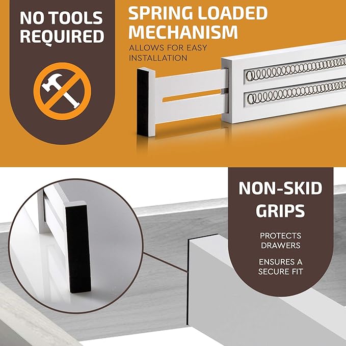 6 Pack Bamboo Drawer Dividers - 17" to 21.5" Expandable Adjustable Drawer Organizer for Kitchen Utensils, Large Drawer Divider, Clothes, Dresser, Bedroom, Bathroom, Desk Drawer Separator Set (White)