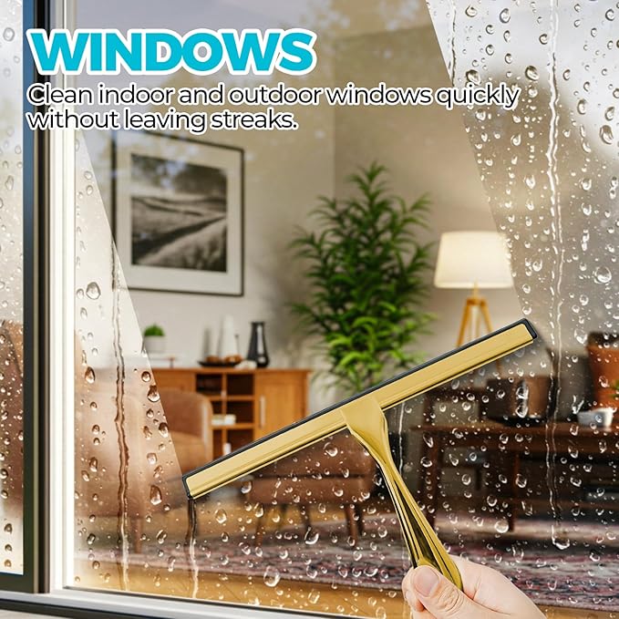 ALFLOD 10-Inch Golden All-Purpose Shower Squeegee for Shower Doors, Tile Shower Walls, Bathroom, Window, Glass and Car Windshield, Mirrors and Kitchen-Stainless Steel