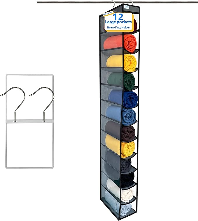 zebricolo,Closet Organization,12 Section,Hanging Closet Organizer,Space Saving, College Dorm Essentials for Girls, Heavy dutys Hooks Up to 45 Pounds, Clothes Storage,Closet Organizer,Grey/Black