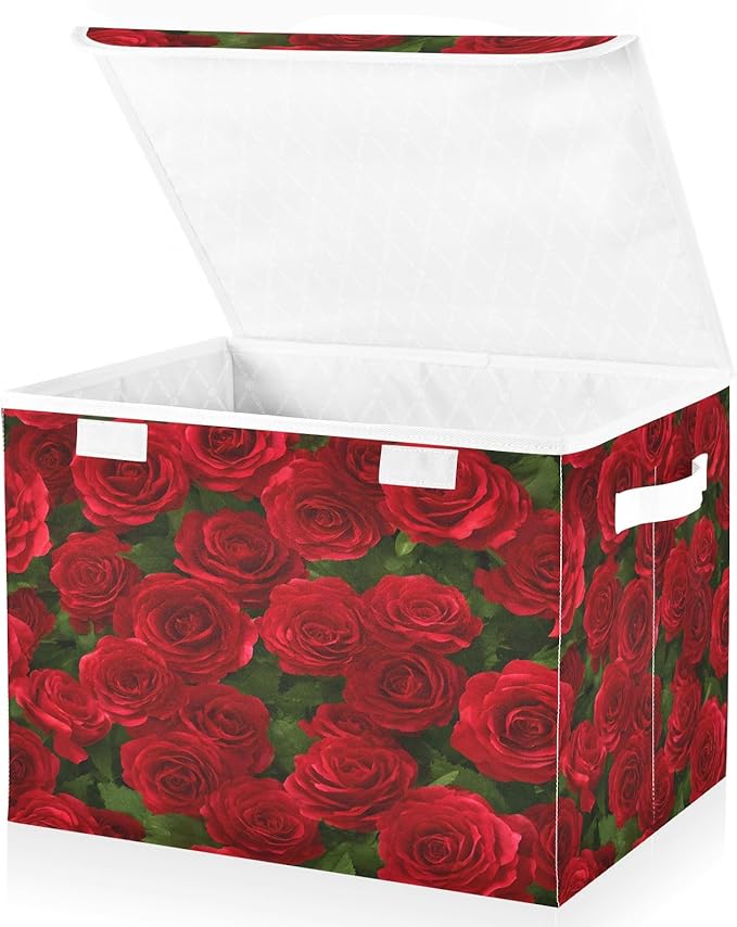 Bolaz Red Rose Leaves Pattern Storage Bins with Lids and Handles, Foldable Storage Box Storage Basket with Cover Collapsible Organizer Containers for Home Closet, Shelves