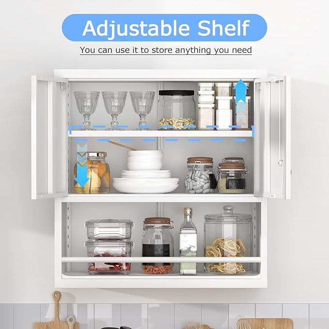Metal Wall Cabinet, Wall Storage Cabinets with Door and Adjustable Shelves, Bathroom Metal Storage Cabinet for Laundry Room, Kitchen, Garage