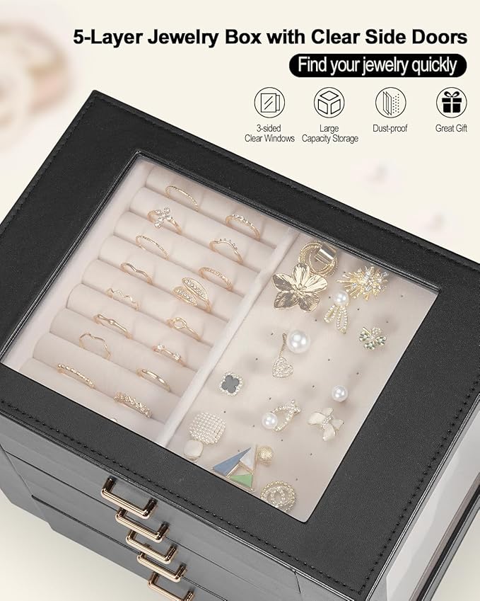 Large Jewelry Box Organizer with Glass Lid, Functional PU Leather 5-Layer Jewelry Storage Case for Women Girls Ring Necklace Earring Bracelet Jewelry Holder Organizer 5 Drawers (Black)