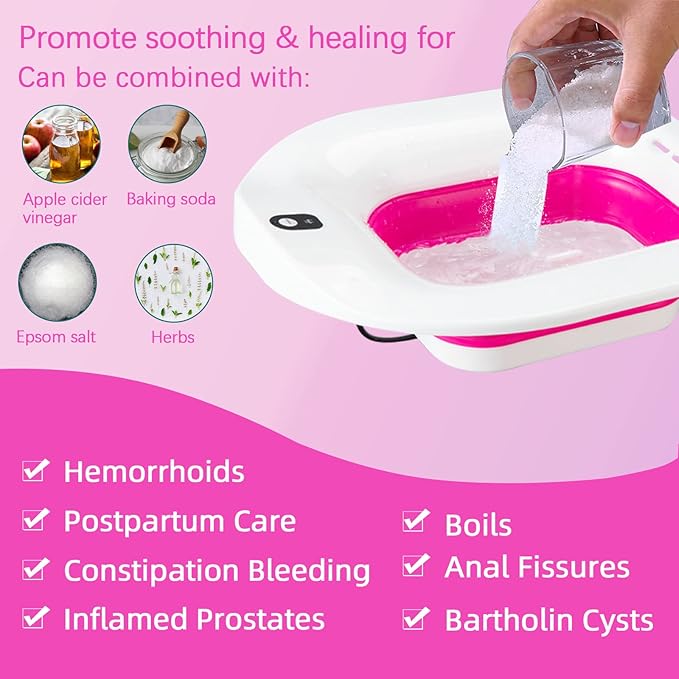 IRWPITW Sitz Bath, Electric Sitz Bath for Toilet Seat, Sitz Bath for Hemorrhoids, Postpartum Care Tub for Women, Hip Bath Bowl, Sits Bath Salts Soak Pan, Yoni Vagina Wash Basin, Collapsible, Red