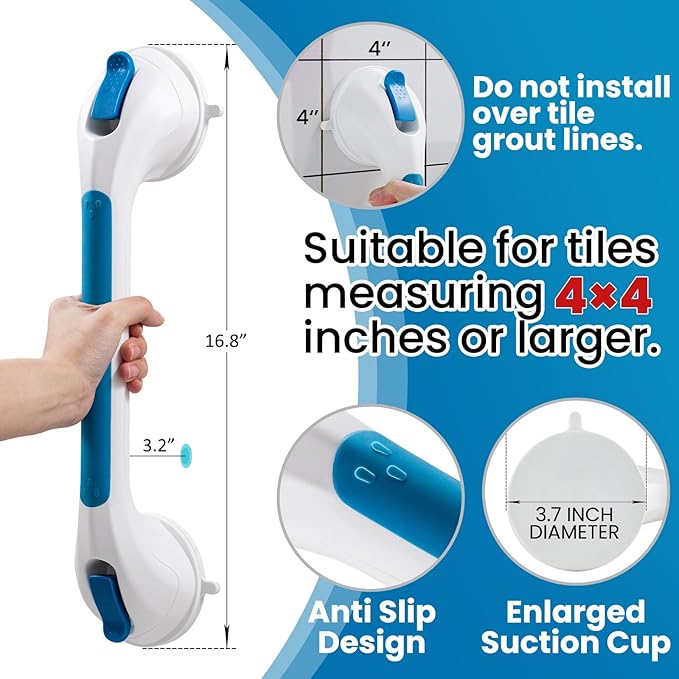 TAILI Shower Grab Bar Glow in The Dark, 2 Pack 16.8 in Grab Bars for Bathtubs and Showers,Shower Handles Shower Rails for Seniors and Elderly,Bathroom Safety Grip Removable No Drilling Waterproof Blue