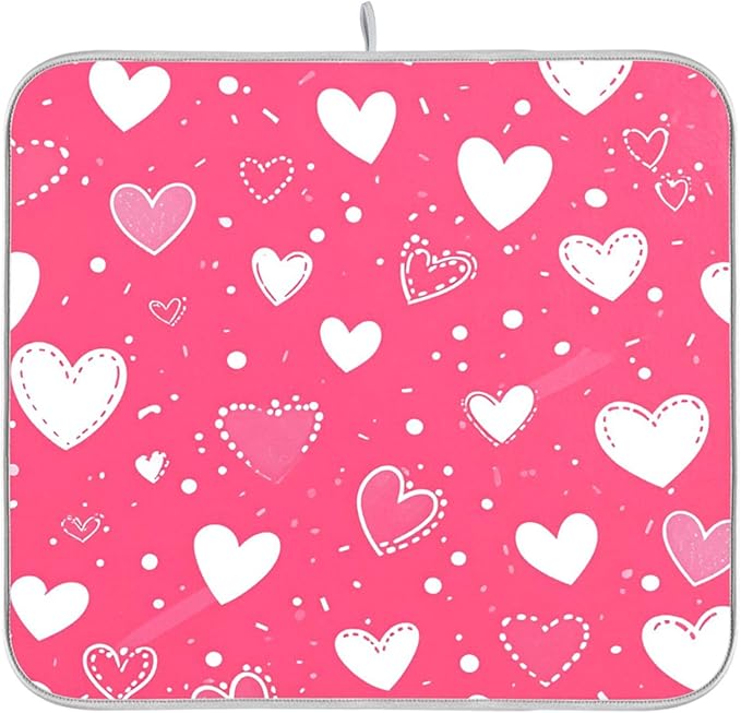 Hot Pink Love Dish Drying Mat for Kitchen Countertop 16x18 Happy Valentine’s Day Heart Small Drying Mat Reusable Quick Dry Dish Sink Mats Easy Clean Decorative Essentials