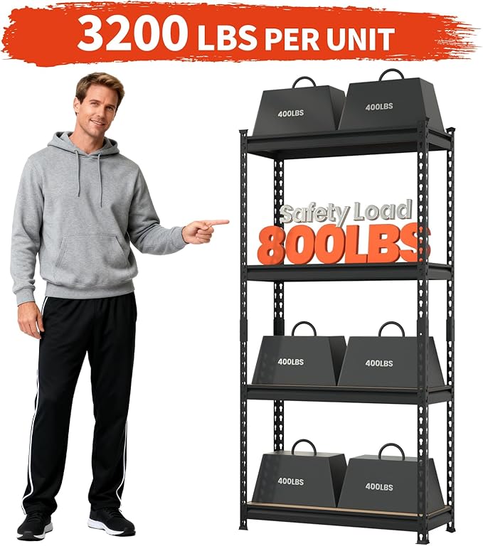 DYNALOAD 3200 Lbs Heavy Duty Garage Shelving, 4-Tier Adjustable Metal Storage Shelves, Boltless Steel Utility Rack for Garage Basement Warehouse, 30" W x 12" D x 60" H