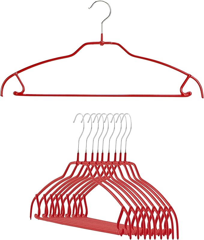 MAWA Clothes Bar Reston Lloyd Silhouette Ultra-Thin Series, Non-Slip Space Saving Shirt Hanger with Pant Bar & Skirt Hooks, Style 42/FTU, Pack of 10, Red