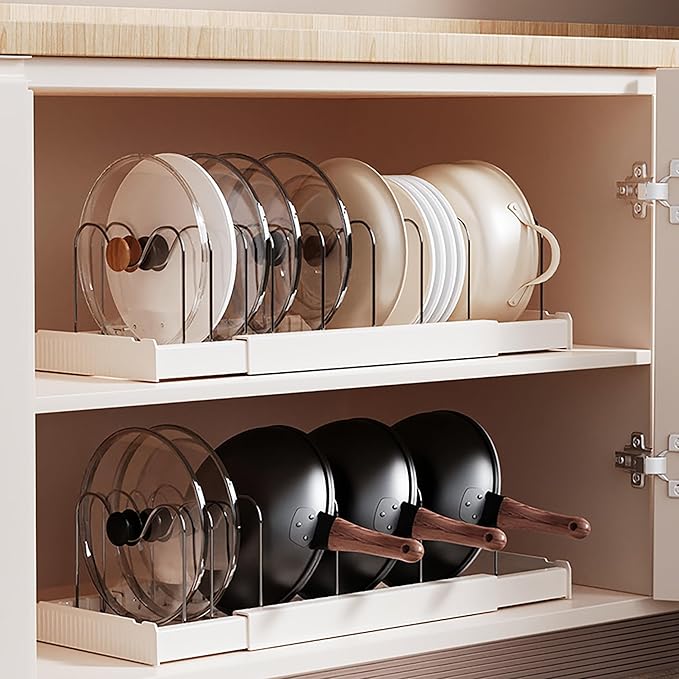 Pots and Pans Organizer Under Cabinet Expandable Pot Lid Holder with 7 Adjustable Dividers Pot Rack for Kitchen Storage Cutting Boards, Bakeware, Lid, White
