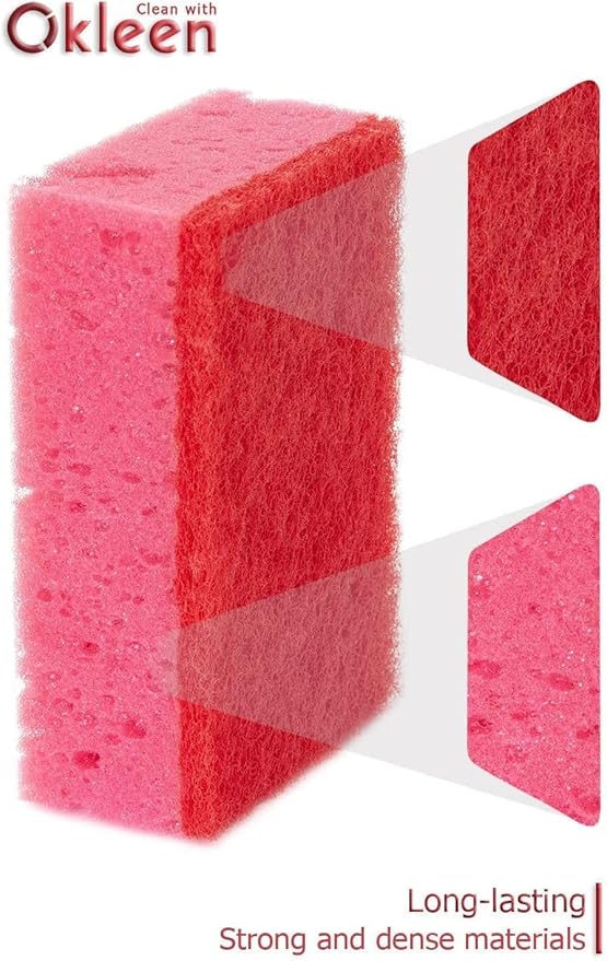 Okleen Pink Multi Use Scrub Sponges. Made in Europe. 18 Pack, 4.3x2.8x1.4 inches. Odorless Heavy Duty & Non Scratch Fiber. Durable and Delicate Scrubber for Kitchen & Bathroom, Housekeeping & Outdoors