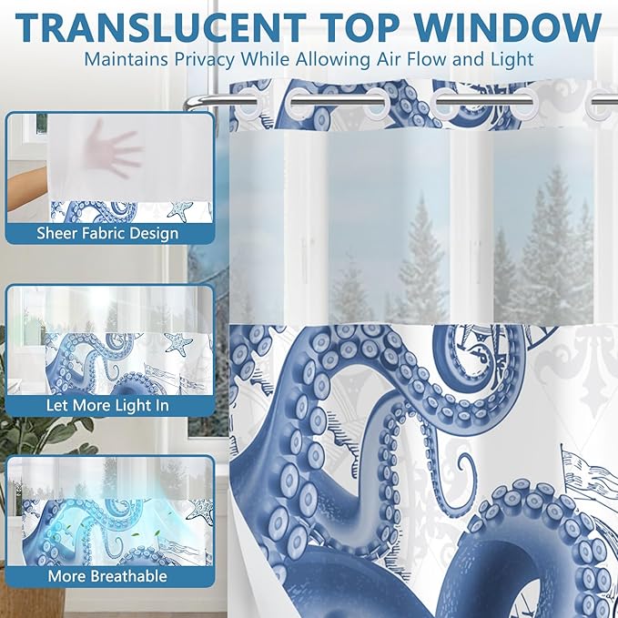 No Hook Shower Curtain and Liner Set, Nautical Navy Blue Shower Curtain with Translucent Window, Double-Layer Waterproof Bathroom Shower Fabric Curtains, Retro Coastal Octopus Pattern, 71x74 Inches