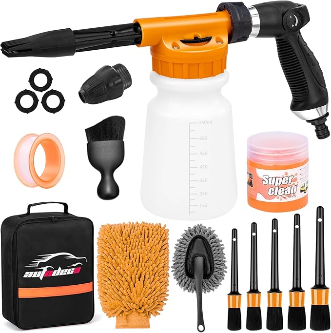 AUTODECO Car Wash Detailing Kit Cleaning Kits with Foam Gun Sprayer, Car Wash Brush and Large Wash Mitt Duster for Car Interior and Exterior Cleaning (Orange)