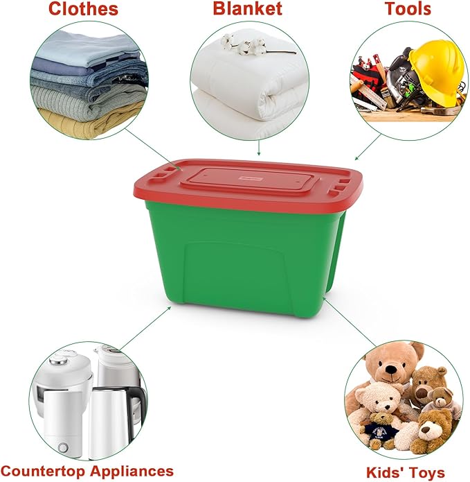 4-Pack Christmas Storage Totes with Lids - Made in USA 18-Gallon(72-Quart)Red Storage Bins,Holiday Organizer,Plastic Stackable Large Storage Boxes for Home,Office,Garage,Basement Red/Green