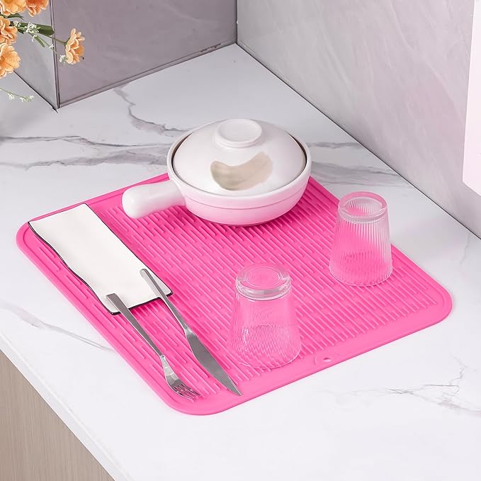 MicoYang Silicone Dish Drying Mat for Multiple Usage,Easy clean,Eco-friendly,Heat-resistant Silicone Mat for Kitchen Counter or Sink,Refrigerator or Drawer Liner Rose XL 18 inches x 16 inches