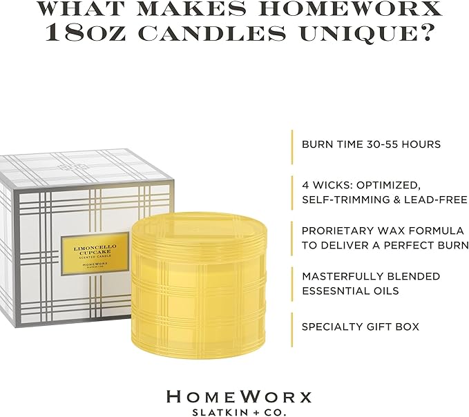 HomeWorx by Slatkin + Co. 4-Wick Limoncello Luxe Candle with Gift Box, Premium Glass Jar Candle with Essential Oils, 18oz, Up to 55 Hours Burning Time