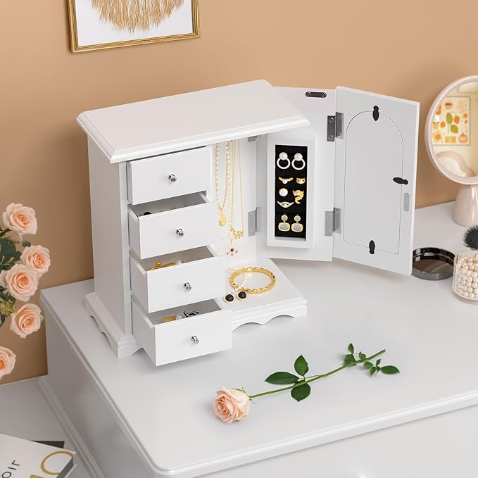 VINGLI Jewelry Box with Photo Frame, White Jewelry Organizer for Women, Arched Wooden Keepsake Case with 4 Drawers, Rotating Necklace Hooks & Velvet Lining, Vintage Gift for Girls Bedroom