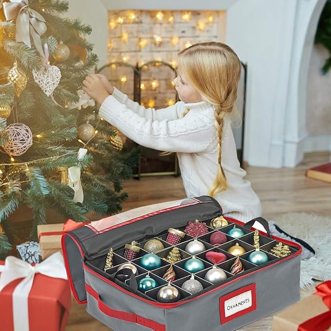 HOLDN’ STORAGE Christmas Ornament Storage Box with Dividers - Fits 48-3” Ornaments, 2 Removable Trays, Durable & Space-Saving, Clear Top Lid, Fits Underbed, Grey