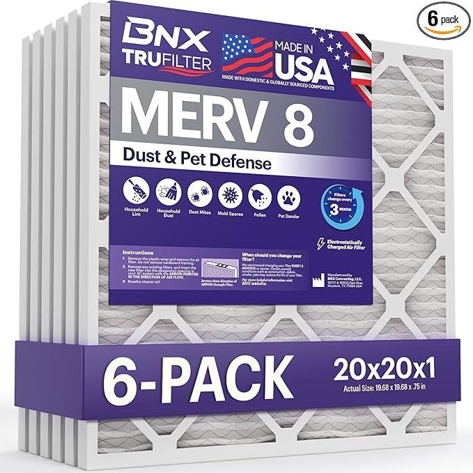 BNX TruFilter 20x20x1 Air Filter MERV 8 (6-Pack) - MADE IN USA – Dust & Pet Defense Electrostatic Pleated Air Conditioner HVAC AC Furnace Filters for Dust, Pet, Mold, Pollen MPR 600 – 700 & FPR 5
