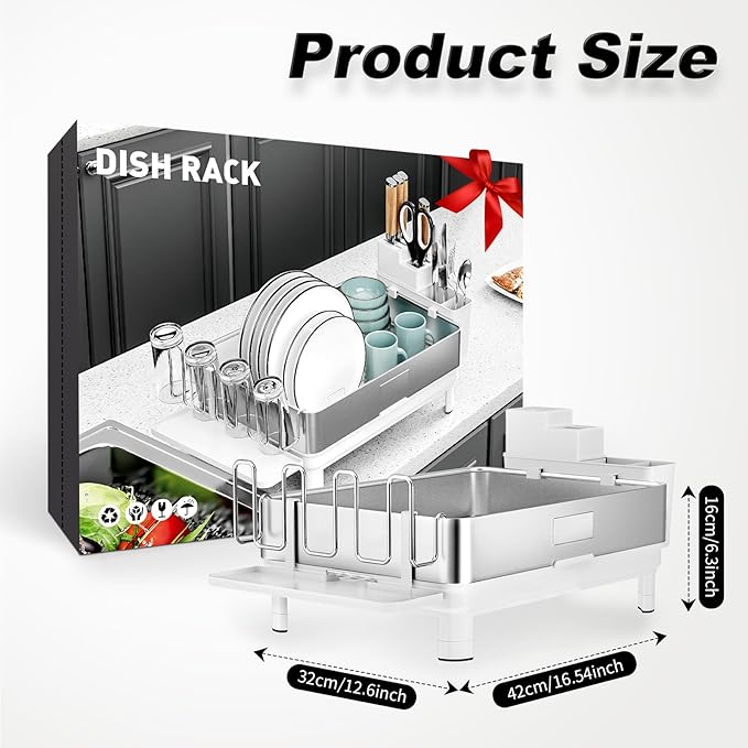 Ewaiira Dish Drying Rack, 304 Stainless Steel Dish Racks for Kitchen Counter, Dish Drainers with Automatic Drainage, Utensil Holder & Cups Holder, Space Saving Kitchen Organizer, White