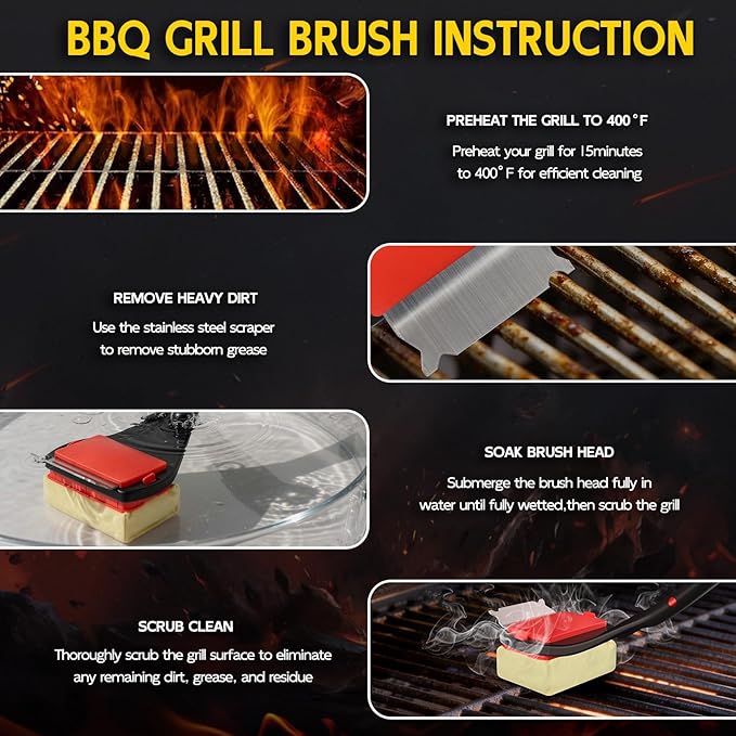 Bristle Free Grill Brush with Scraper, 4 Replaceable Cleaning Head BBQ Grill Cleaning Brush, Dishwasher-Safe Grill Cleaner Tool for Gas,Charcoal,Ceramic,Cast Iron & Stainless-Steel Grates