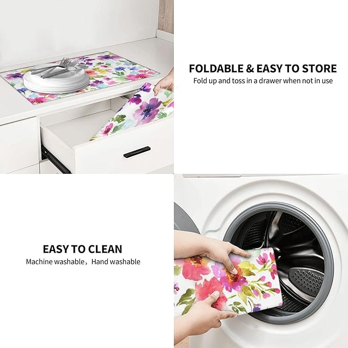 Floral Dish Drying Mats for Kitchen Counter Large Drying Mat for Dishes Microfiber Dish Rack Mat Kitchen Decor Spring Summer Flowers Drainer Pad Washable Ultra Absorbent Dry Mat 18×24 Inch