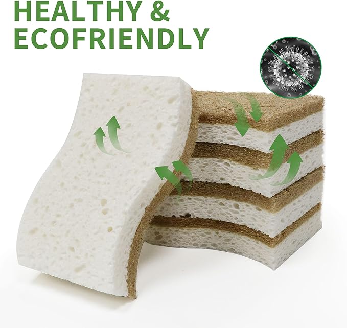 KICKLEEN 9 Pack Biodegradable Natural Kitchen Sponge - Compostable Cellulose and Coconut Walnut Scrubber Sponge - Eco Friendly Sustainable Sponges for Dishes